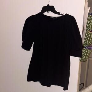 Doe & Rae Black Poof ruched sleeve Blouse Top Basic Neutral Minimal Office